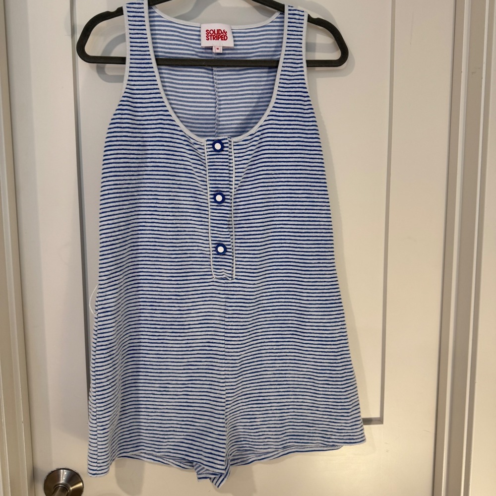 Solid & Striped Women Blue White Striped Terry Cloth Henley Romper Size M‎